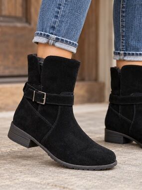 Blondo Black Waterproof Suede Ankle Boot with Buckle Strap